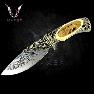 Ornate Wolf Engraved Vintage Knife 10&quot; Hunting Camping Steel Blade Knife Gift for Men, Father, Boyfriend, Halloween, Christmas  VuMaker-644