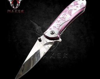 Ladies Pink Knife 7"  Spring Best Folding Knife for Hunting,Camping Gift for Father, Husband, Boyfriend - VuMaker-559