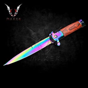 Rainbow Stiletto Knife 9&quot; Wood Handle Spring Assisted Italian Knife for Hunting, Gift for Men, Father, Boyfriend, Christmas VuMaker-1016