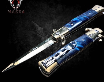 Blue Handle Stiletto Knife 8.75" Spring Assisted Folding Knife for Hunting, Gift for Father, Boyfriend VuMaker-875