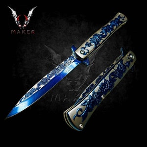 Blue Titanium Rose Fantasy Stiletto Knife 9&quot; Spring Assisted Folding Knife for Hunting, Gift for Father, Boyfriend, Christmas - VuMaker-894