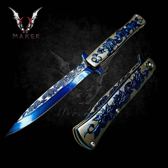 Blue Titanium Rose Fantasy Stiletto Knife 9" Spring Assisted Folding Knife for Hunting, Gift for Father, Boyfriend, Christmas - VuMaker-894