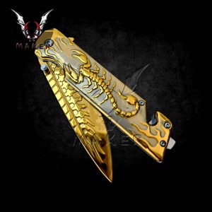 Gold Scorpion Engraved Fantasy Knife 9&quot; Spring Assisted Folding Knife for Hunting, Gift for Father, Boyfriend, Christmas - VuMaker-880