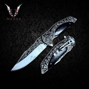 Vintage Floral Ornate Art Knife 9&quot; Black Wood Handle Knife for Hunting, Camping Gift for Father, Husband, Boyfriend, Christmas  VuMaker-1121