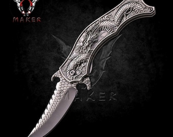 8" Vintage Dragon karambit Knife Best Folding Knife for Hunting,Campin Gift for Father, Husband, Boyfriend - VuMaker-590