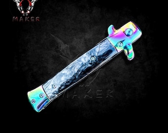 Rainbow Black Pearl Handle Knife 9" Spring Assisted Folding Knife for Hunting, Gift for Father, Boyfriend, Christmas - VuMaker-1218