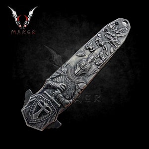 Crusader Medieval sculpture Stonewash Knife 8.5&quot;  Steel Blade Best Folding Knife for Hunting,Camping, Gift for Men, Father, boyfriend V-144