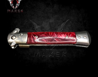 Silver Red Pearl Handle Stiletto Knife 9" Spring Assisted Folding Knife for Hunting, Gift for Father, Boyfriend - VuMaker-1213