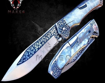 Embossed Sculpture Vintage retro Knife 9" Pearl Folding Knife for Hunting, Camping Gift for Father, Husband, Boyfriend - VuMaker-223