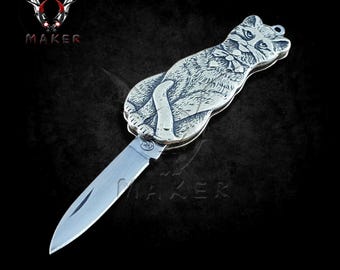 Silver Cat Art Pocket Knife 2.25" closed Steel Blade Mini Knife for Hunting, Camping Gift for Father, Boyfriend, Christmas VuMaker 1184