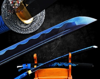 All Blue Dragon Katana Handmade 1095 Steel Japanese Samurai Collectible Display Gift for Father, Men, Boyfriend, Christmas  - VuMaker-913