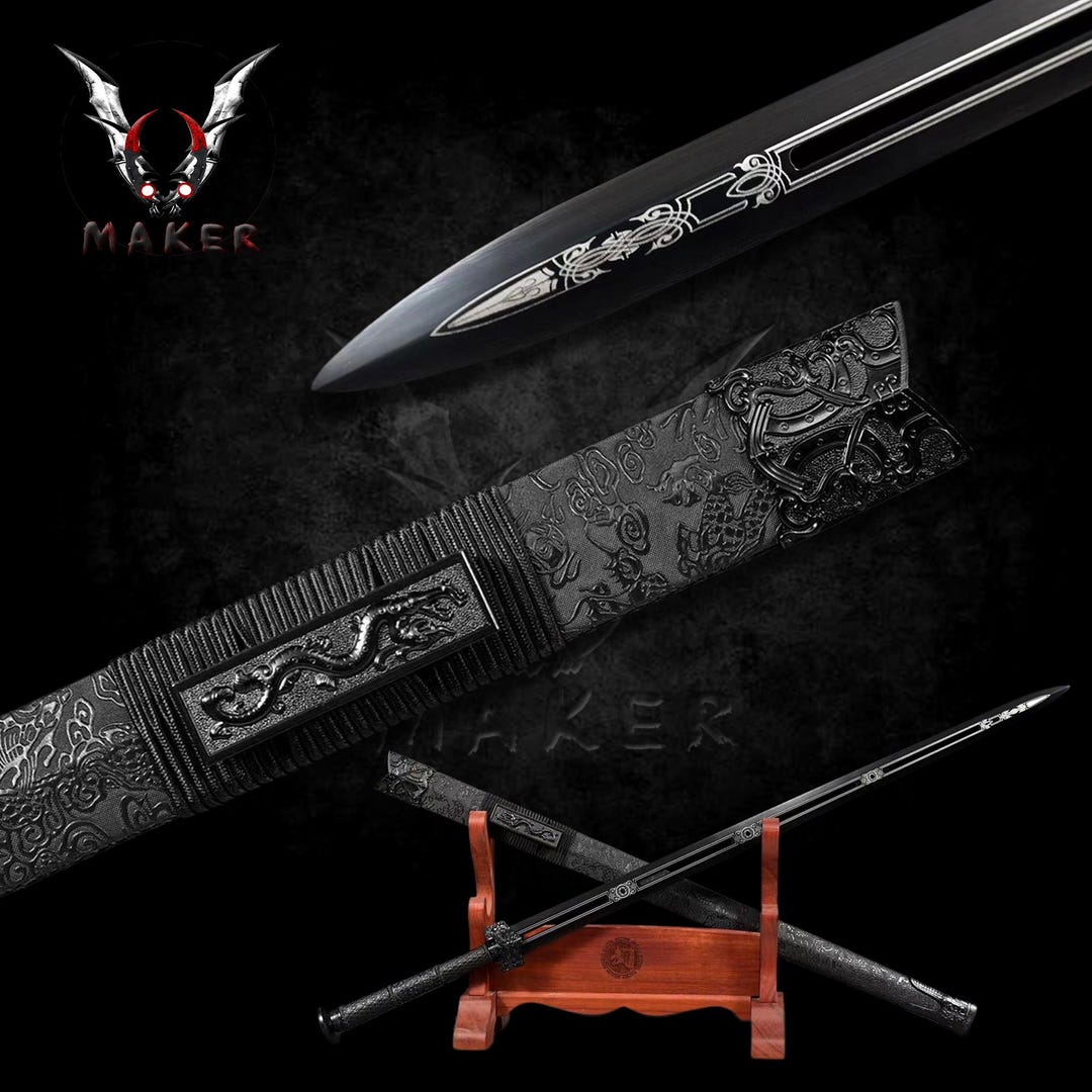 Dragon Black Sword 1095 Steel Straight Double Edge Handmade Han Dynasty ...
