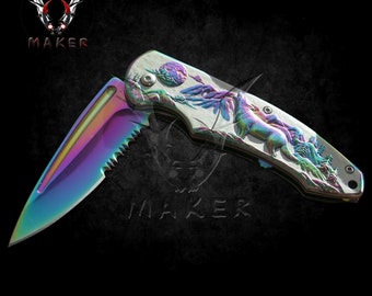 Embossed Rainbow Wolf Knife  8" Best Folding Knife for Hunting, Camping, Gift for Men, Father, Husband, Boyfriend, Christmas - VuMaker-360