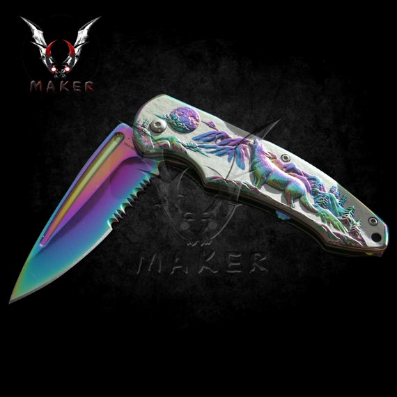 Embossed Rainbow Wolf Knife 8 Best Folding Knife for Hunting,Camping Gift  for Father, Husband, Boyfriend - VuMaker-360