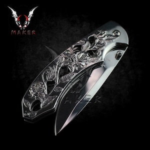 SILVER Mirror ROSES Floral Knife  8&quot;  Best Folding Knife for Hunting,Campin Gift for Father, Husband, Boyfriend - VuMaker-335