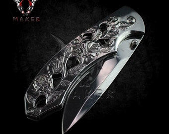 SILVER Mirror ROSES Floral Knife  8"  Best Folding Knife for Hunting,Campin Gift for Father, Husband, Boyfriend - VuMaker-335