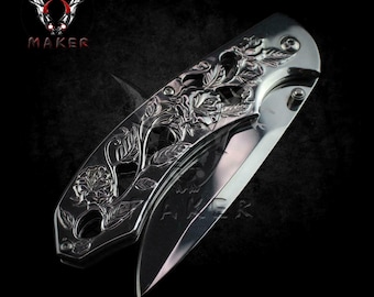 SILVER Mirror ROSES Floral Knife  8&quot;  Best Folding Knife for Hunting,Campin Gift for Father, Husband, Boyfriend - VuMaker-335