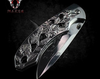 SILVER Mirror ROSES Floral Knife  8"  Best Folding Knife for Hunting,Campin Gift for Father, Husband, Boyfriend - VuMaker-335