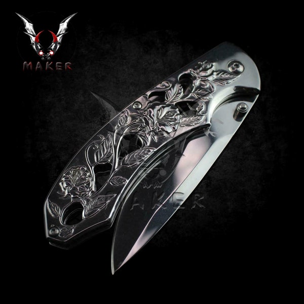 SILVER Mirror ROSES Floral Knife  8"  Best Folding Knife for Hunting,Campin Gift for Father, Husband, Boyfriend - VuMaker-335