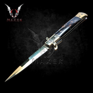 Gold Mirror Stiletto Knife Pearl Handle 8.75&quot;  Assisted Folding Knife for Hunting, Gift for Father, Boyfriend, Christmas - VuMaker-508