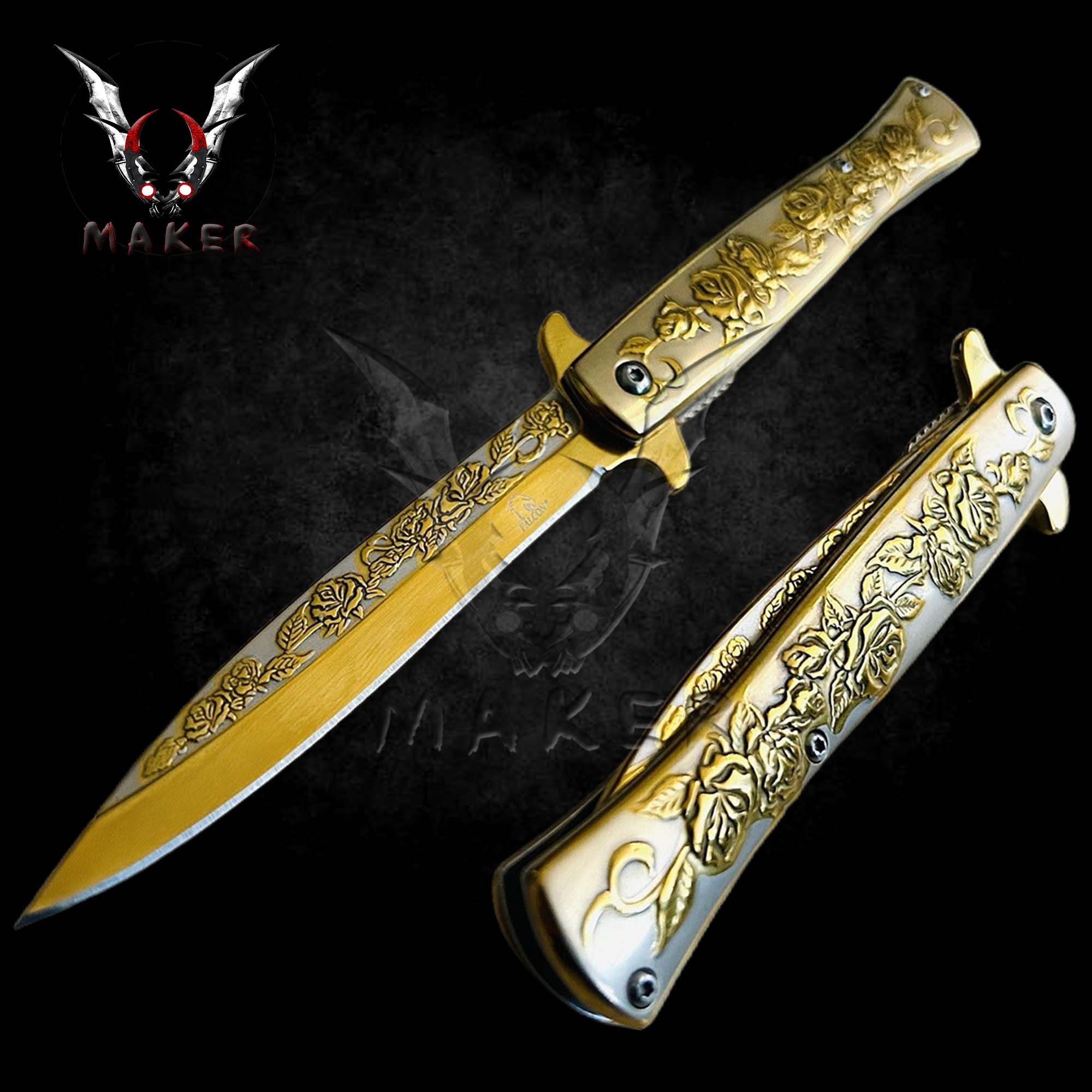Gold Rose Engraved Fantasy Stiletto Knife 9