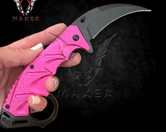 Ladies Pink Karambit Knife 8.5"  Claw Spring Best Folding Knife for Hunting,Camping Gift for Father, Husband, Boyfriend - VuMaker-814