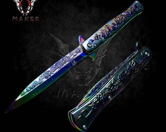 Rainbow Rose Engraved Fantasy Stiletto Knife 9" Spring Assisted Folding Knife for Hunting, Gift for Father, Boyfriend, Christmas VuMaker-893