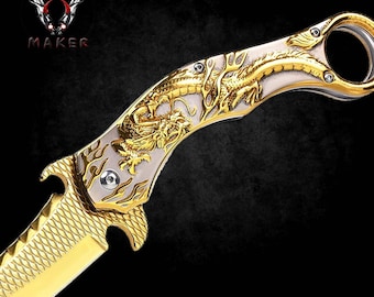 GOLD Dragon karambit Knife 9" Best Folding Vintage Knife for Hunting,Camping Gift for Father, Husband, Boyfriend, Christmas - VuMaker-900