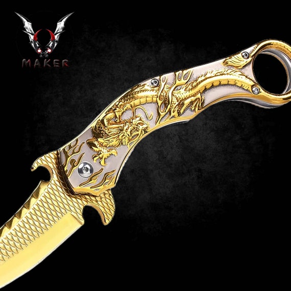 GOLD Dragon Karambit Knife 9