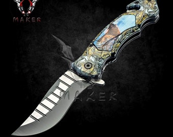 Howling Wolf Tatto patten Knife 8.6&quot; Hunting Folding Steel Blade Knife Fathers day gift boyfriend - VuMaker-206