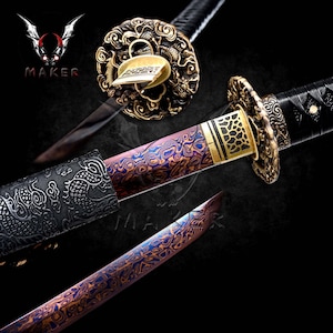 Handmade Sharp Dragon Katana Red&Blue Damascus Folded 1095 Steel Japanese Samurai Sword, Father gift, boyfriend gift  - VuMaker-866