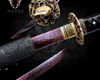 Handmade Sharp Dragon Katana Red&Blue Damascus Folded 1095 Steel Japanese Samurai Sword, Father gift, boyfriend gift  - VuMaker-866