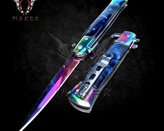 Blue Mirror Stiletto Pearl Handle Knife  8.75"  Spring Assisted Folding Knife for Hunting, Gift for Father, Husband, Boyfriend - VuMaker-507