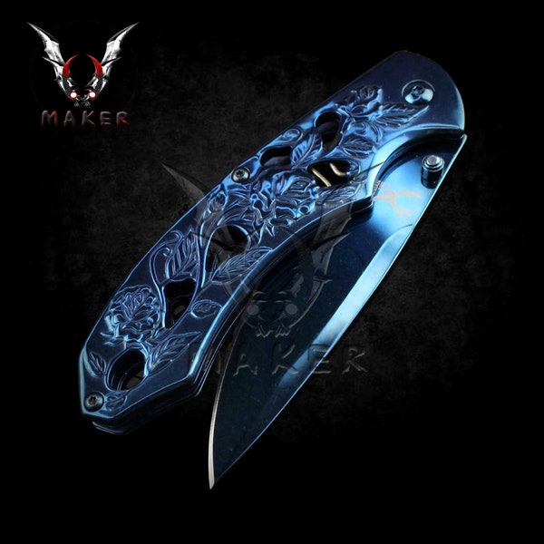 Blue Mirror ROSES Floral Knife  8"  Best Folding Knife for Hunting,Campin Gift for Father, Husband, Boyfriend - VuMaker-336