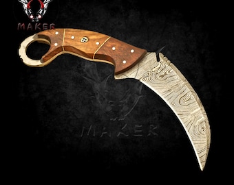 Damascus Hunting Karambit Knife 10" Rose Wood Handle Full Tang Blade for Camping, Gift for Men, Boyfriend, Father, Christmas VuMaker-947