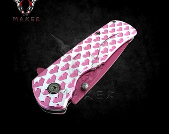 Ladies Pink Hearts Knife 8"  Spring Best Folding Knife for Hunting,Camping Gift for Father, Husband, Boyfriend, Christmas - VuMaker-750