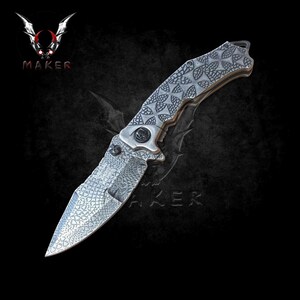 Fantasy Cross Stonewash Knife 8.5&quot; Steel Blade Best Folding Knife for Hunting, Camping Gift for Father, Husband, Boyfriend . VuMaker-421