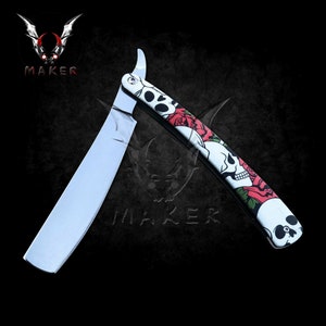 Razor Skull Rose Straight Blade Barber Knife 10&quot; Folding Steel Blade Knife, Gift for father, boyfriend, christmas - VuMaker-496