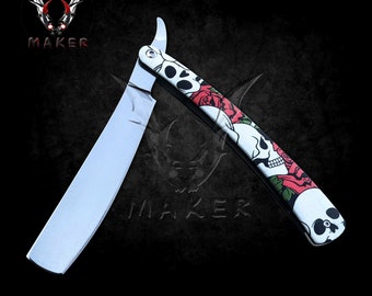 Razor Skull Rose Straight Blade Barber Knife 10&quot; Folding Steel Blade Knife, Gift for father, boyfriend, christmas - VuMaker-496