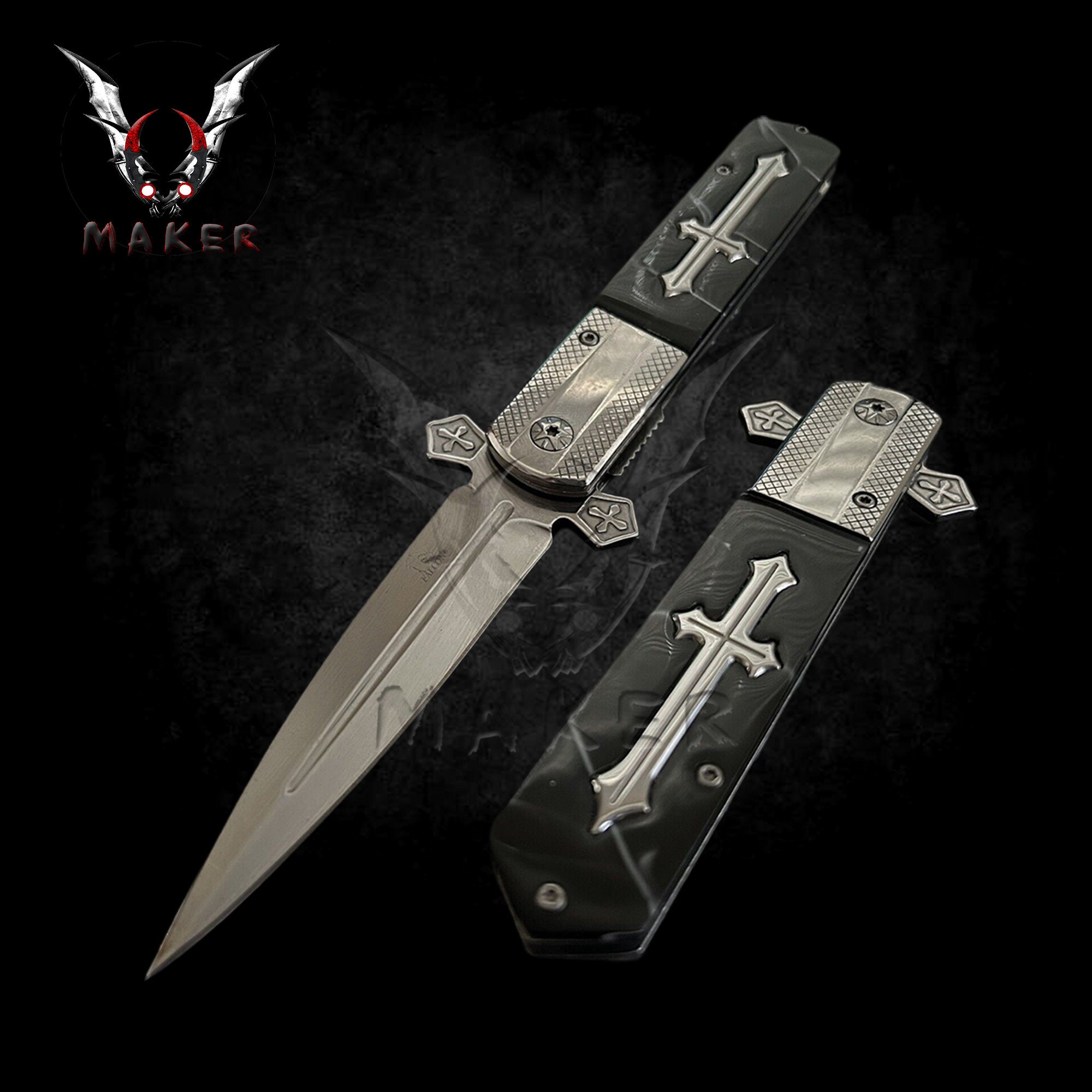 Silver Black Pearl Celtic Cross Stiletto Knife 9