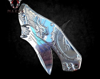 Silver Dragon Knife 8.5"  Best Folding Vintage Knife for Hunting,Camping Gift for Father, Husband, Boyfriend Christmas - VuMaker-786