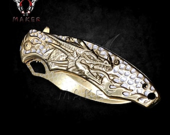 Gold Mirror Dragon sculpt fantasy Knife 8" Hunting Steel Blade Knife Gift for Mens, Father, Boyfriend, Christmas - VuMaker-1124