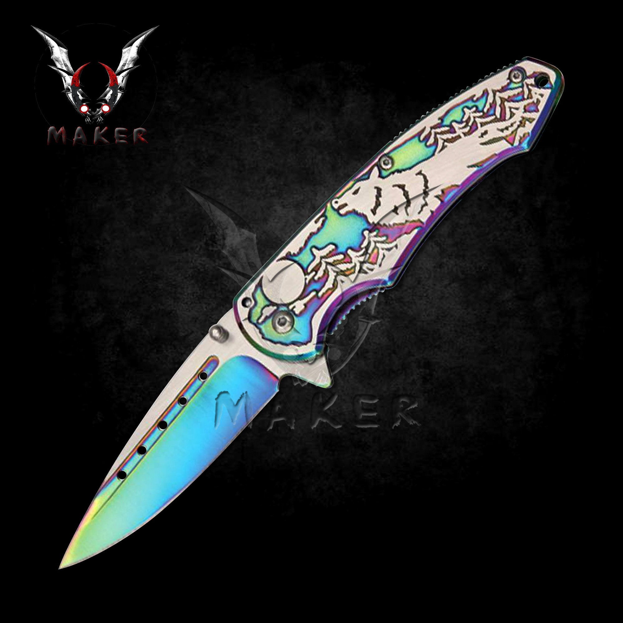 Wolf Rainbow Knife Fantasy Hunting Folding Steel Blade Knife Fathers Day  Gift for Mens, Boyfriend Gift, Christmas Gift Vumaker-557 