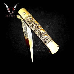 Gold Engraved Skull Fantasy Stiletto Knife 9&quot; Spring Assisted Folding Knife for Hunting, Gift for Father, Boyfriend, Christmas - VuMaker-879