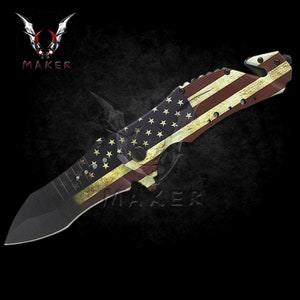 US Flag Knife 9&quot; Vintage Spring Assisted Pocket knife for Hunting, Camping, - Gift for Father, Boyfriend, Halloween, Christmas VuMaker-699