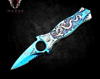 Blue Mirror Dragon Knife 8.25"  Best Folding Knife for Hunting, Camping Gift for Men, Father, Husband, Boyfriend Christmas - VuMaker-1221