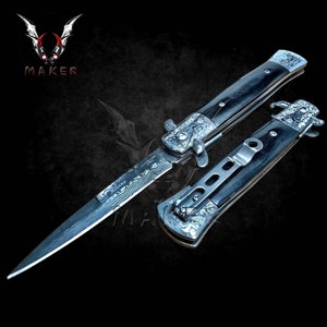 Damascus Black Handle Stiletto Knife 8.75&quot; Spring Assisted Folding Knife for Hunting, Gift for Father, Boyfriend, Christmas - VuMaker-873