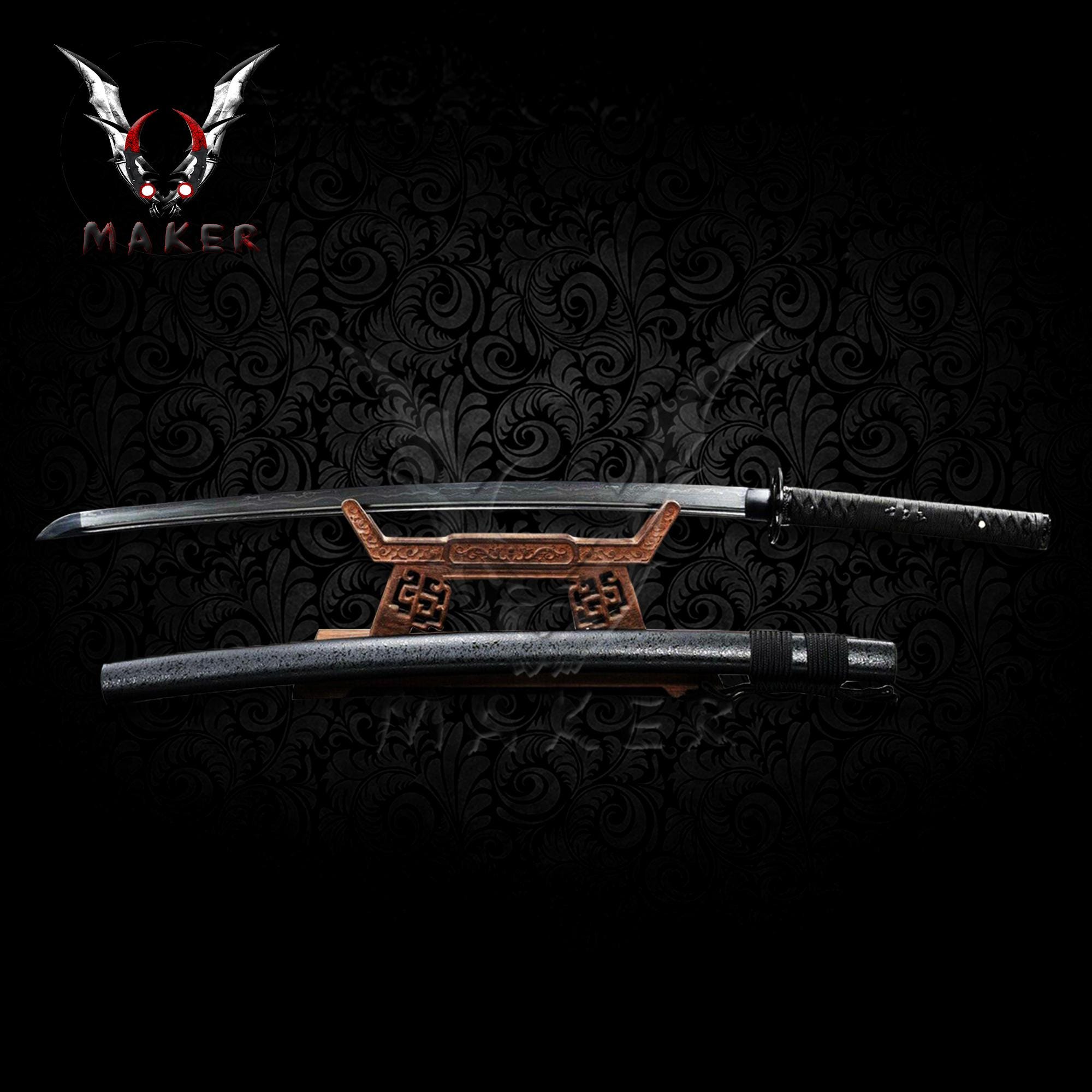 All Black Functional Sharp Katana Damascus Folded 1095 Steel