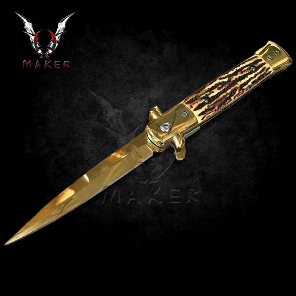 Gold Stag Handle Stiletto Knife  9"  Spring Assisted Folding Knife for Hunting, Gift for Father, Boyfriend, Christmas - VuMaker-909