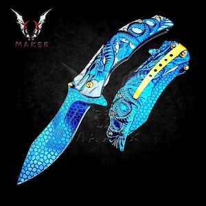 Dragon sculpt fantasy Knife 8.5&quot; Hunting Folding Steel Blade Knife Gift for Mens, Father, boyfriend, halloween, Christmas - VuMaker-858